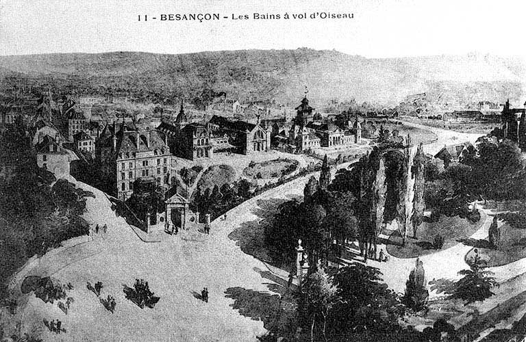 BESANÇON - Les Bains à vol d'oiseau, carte postale, s.d. [vers 1900] © Région Bourgogne-Franche-Comté, Inventaire du patrimoine