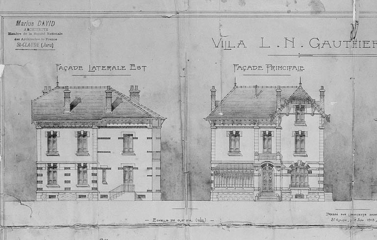Villa L.N. Gauthier à Molinges [détails : façades antérieure et latérale droite]. © Région Bourgogne-Franche-Comté, Inventaire du patrimoine