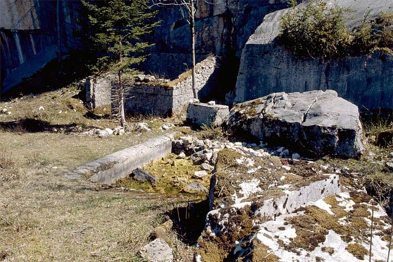 Carrière, partie sud : bâtiment en ruine et bassin. © Région Bourgogne-Franche-Comté, Inventaire du patrimoine