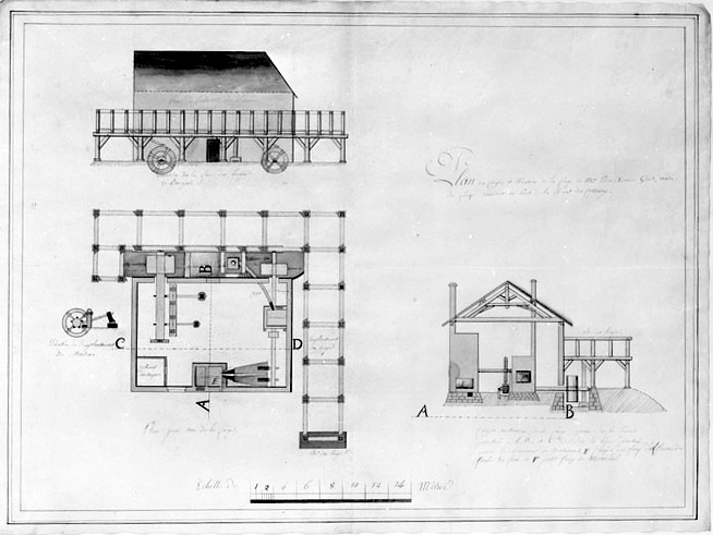 Plan des coupes et élévation de la forge de Mr Pierre Xavier Girod [...]. © Région Bourgogne-Franche-Comté, Inventaire du patrimoine