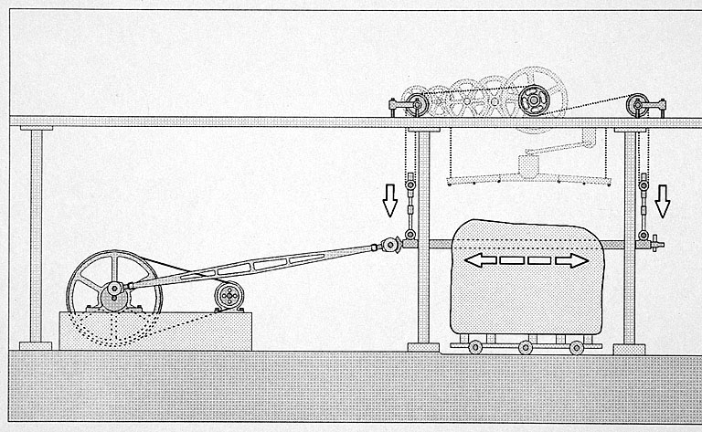 Schéma de fonctionnement d'un châssis de scie multilames. © Région Bourgogne-Franche-Comté, Inventaire du patrimoine