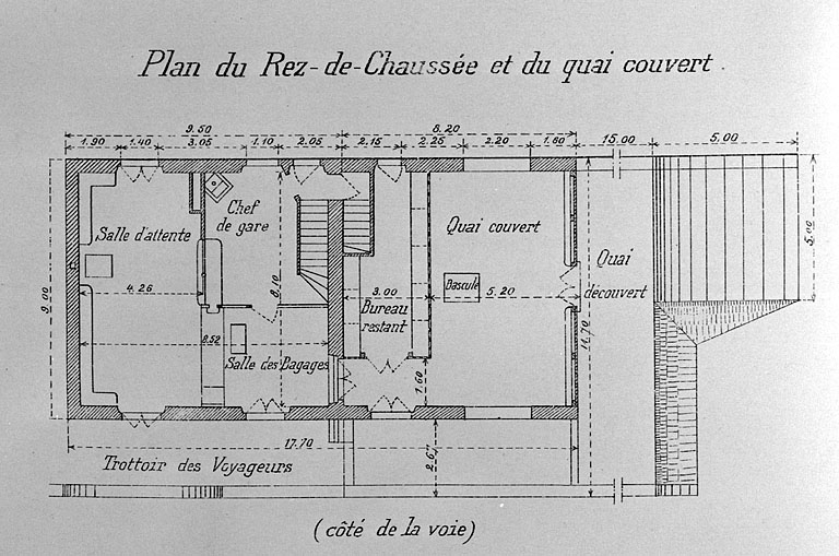 Bâtiment des voyageurs [... Détail :] Plan du rez-de-chaussée et du quai couvert, [1919]. © Région Bourgogne-Franche-Comté, Inventaire du patrimoine