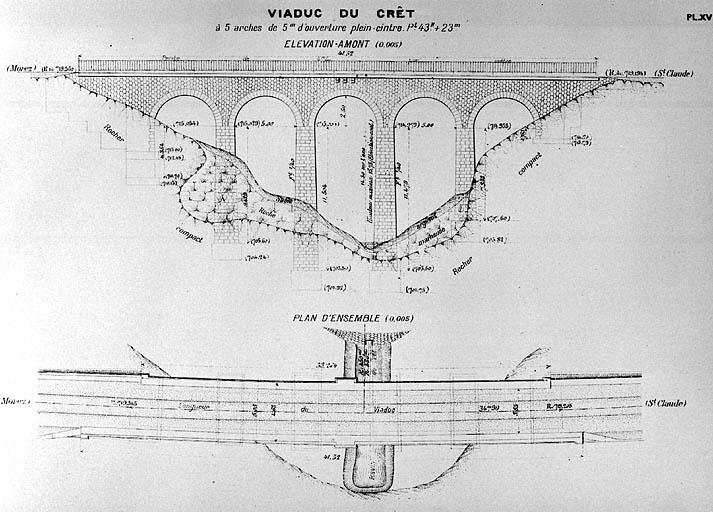 Viaduc du Crêt à 5 arches de 5,00 m d'ouverture, plein cintre. Plan d'ensemble [et] Elévation amont, [1919]. © Région Bourgogne-Franche-Comté, Inventaire du patrimoine