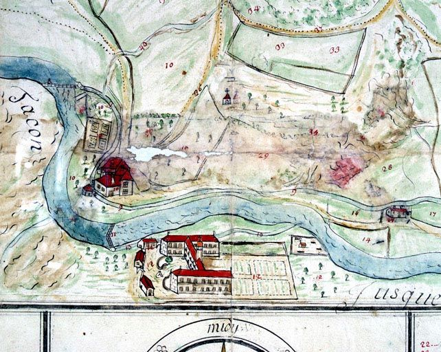 "Plan des moulins de l'abbé et de l'office d'infirmier", 18e siècle : détail du moulin du Tomachon. © Région Bourgogne-Franche-Comté, Inventaire du patrimoine