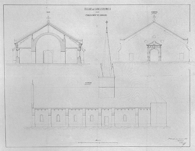 Eglise de Longchaumois : établissement de corniches, élévations, coupe, 1862. © Région Bourgogne-Franche-Comté, Inventaire du patrimoine Eglise de Longchaumois : établissement de corniches, élévations, coupe, 1862. © Région Bourgogne-Franche-Comté, Inventaire du patrimoine