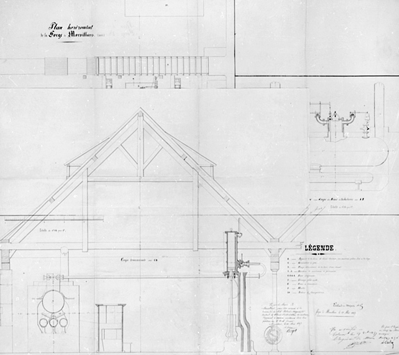 Plan horizontal de la forge de Morvillars (1857) [coupe transversale de la chaufferie]. © Région Bourgogne-Franche-Comté, Inventaire du patrimoine