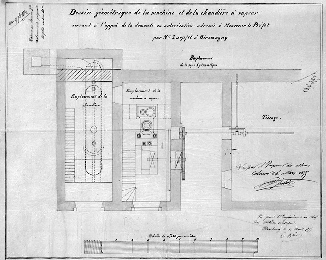 Dessin géométrique de la machine et de la chaudière à vapeur servant à l'appui de la demande en autorisation adressée à Mr le préfet par M. Zoepfel à Giromagny. © Région Bourgogne-Franche-Comté, Inventaire du patrimoine
