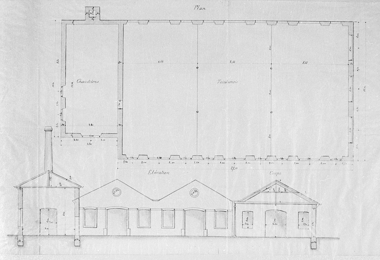 Jean Schmitt, industriel à Thann. Demande en autorisation d'établir une usine de teinture, blanchiment et impression sur écheveaux [plan et élévation de la teinturerie]. © Région Bourgogne-Franche-Comté, Inventaire du patrimoine