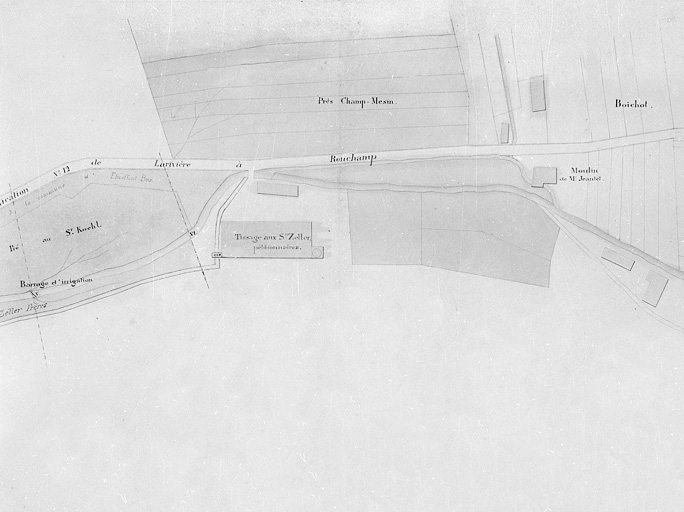 Demande des sieurs Zeller, manufacturiers à Etueffont-Bas, tendant à établir une prise d'eau dans la Madeleine pour l'alimentation de leur tissage d'Etueffont-Bas - Plan des lieux. © Région Bourgogne-Franche-Comté, Inventaire du patrimoine