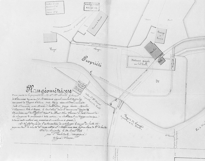 Plan géométrique d'une partie de la propriété [...] appelée moulin d'Anjoutey [...] servant à faire connaître les changements proposés à cette usine en établissant un tissage mécanique [...]. © Région Bourgogne-Franche-Comté, Inventaire du patrimoine
