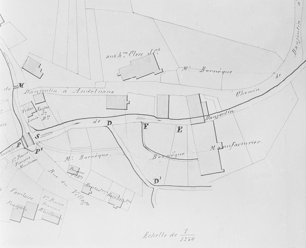 Plan général d'une partie du village de Danjoutin et du cours de la Savoureuse [...] sur la demande formée par M. Bornèque, manufacturier demeurant à Bavilliers, dans le but d'être autorisé à construire un tissage mécanique à côté du moulin [...]. © Région Bourgogne-Franche-Comté, Inventaire du patrimoine