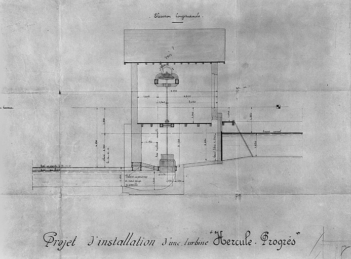 Projet d'installation d'une turbine Hercule-Progrès (Ets Singrün à Epinal), élévation longitudinale. © Région Bourgogne-Franche-Comté, Inventaire du patrimoine
