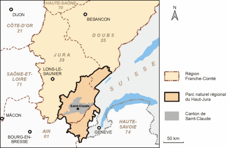 Carte de situation du canton et du Parc naturel régional du Haut-Jura. © Région Bourgogne-Franche-Comté, Inventaire du patrimoine