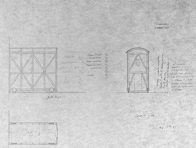 Equatorial coudé [abri mobile métallique du coudé : plan, coupes longitudinale et transversale, structure métallique], 1885. © Région Bourgogne-Franche-Comté, Inventaire du patrimoine
