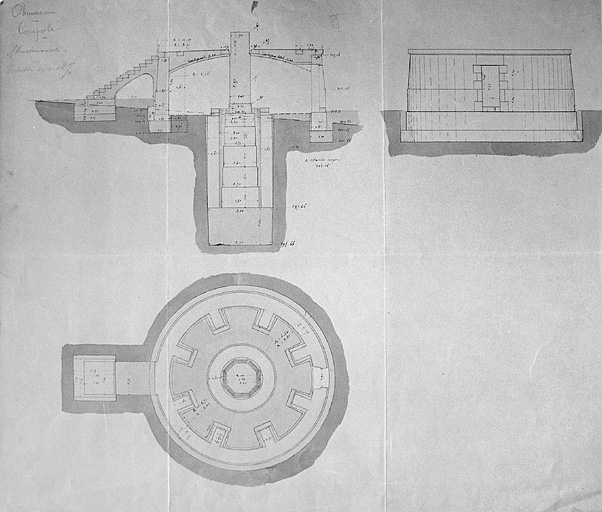 Coupole. Attachements [équatorial droit : plan, coupe et élévation], fin 19e siècle ? © Région Bourgogne-Franche-Comté, Inventaire du patrimoine