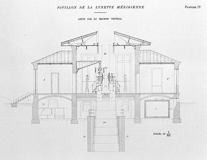 Pavillon de la lunette méridienne. Coupe transversale par le premier vertical, 1892. © Région Bourgogne-Franche-Comté, Inventaire du patrimoine Pavillon de la lunette méridienne. Coupe transversale par le premier vertical, 1892. © Région Bourgogne-Franche-Comté, Inventaire du patrimoine