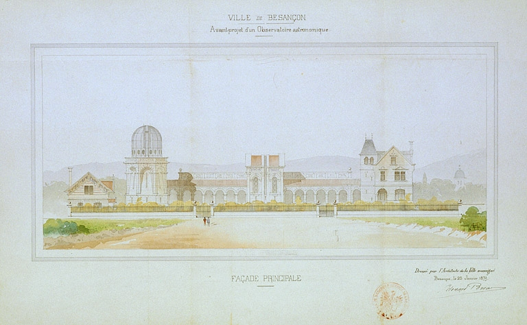 Avant projet d'un observatoire astronomique. Façade principale, 1879. © Région Bourgogne-Franche-Comté, Inventaire du patrimoine Avant projet d'un observatoire astronomique. Façade principale, 1879. © Région Bourgogne-Franche-Comté, Inventaire du patrimoine