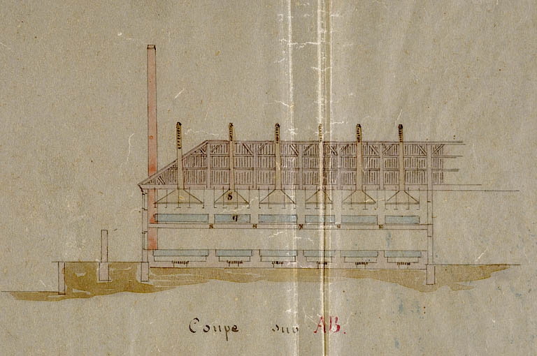 Saline de Melcey et Fallon. Plan général [...] [coupe longitudinale de la salle des poêles]. © Région Bourgogne-Franche-Comté, Inventaire du patrimoine