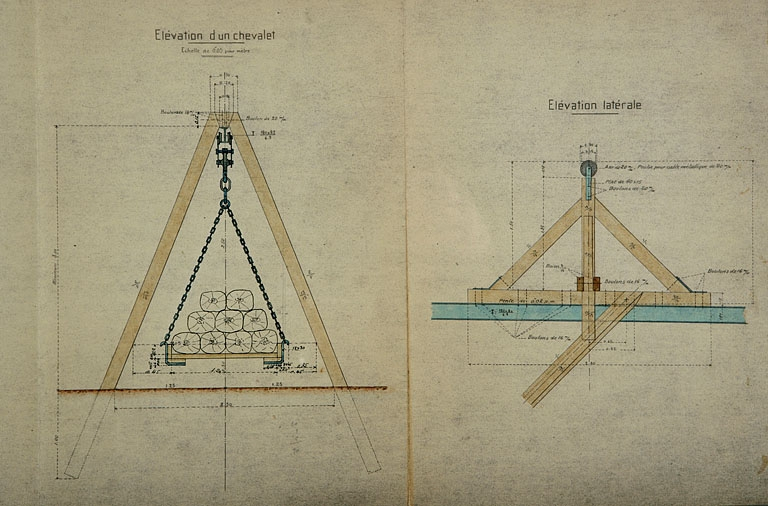 Exploitation militaire du Canal du Rhône au Rhin. Installation de transbordement au port des Près-de-Vaux, à Besançon. Projet définitif. Dessins du transbordeur [détail : élévation d'un chevalet], 1918. © Région Bourgogne-Franche-Comté, Inventaire du patrimoine