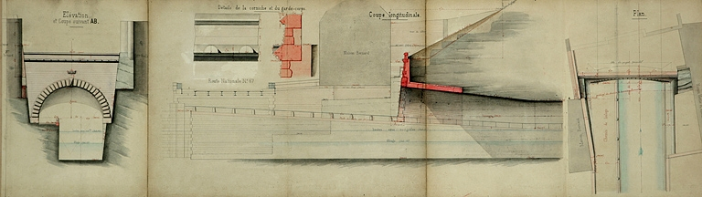 Dérivation sous la citadelle de Besançon. Dessins de détails de la tête du souterrain, côté de Rivotte [plan, coupes et élévation], 1880. © Région Bourgogne-Franche-Comté, Inventaire du patrimoine