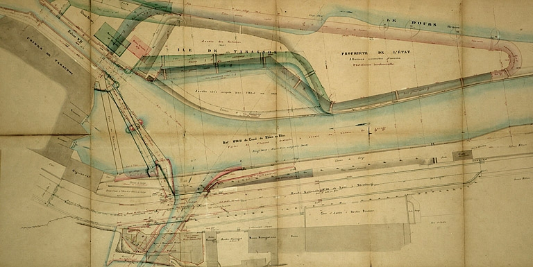 Dérivation sous la citadelle de Besançon. Plan des ouvrages à l'extrémité aval de la dérivation, 1877. © Région Bourgogne-Franche-Comté, Inventaire du patrimoine Dérivation sous la citadelle de Besançon. Plan des ouvrages à l'extrémité aval de la dérivation, 1877. © Région Bourgogne-Franche-Comté, Inventaire du patrimoine