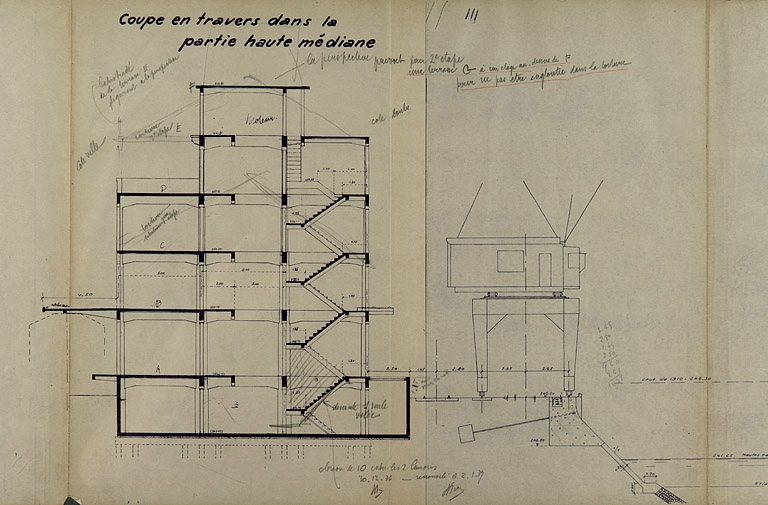Concours pour la construction d'un entrepôt en béton armé au port de Besançon. Dessins [détail : ] Coupe en travers dans la partie haute médiane, 1936. © Région Bourgogne-Franche-Comté, Inventaire du patrimoine