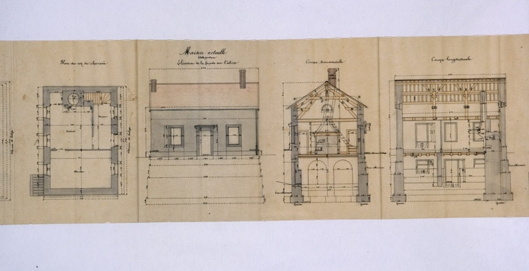 Aménagement de la maison éclusière n° 52 de Velotte et construction d'un bâtiment accessoire [...] Maison actuelle. [Détail : plan du rez-de-chaussée, élévation antérieure et coupes], 1906. © Région Bourgogne-Franche-Comté, Inventaire du patrimoine