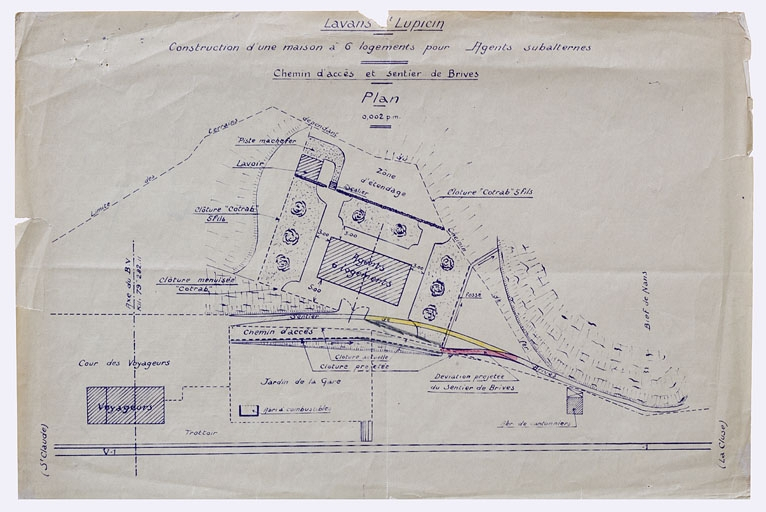 Lavans - St Lupicin. Construction d'une maison à 6 logements pour Agents subalternes. Chemin d'accès et sentier de Brives. Plan, 1ère moitié 20e siècle. © Région Bourgogne-Franche-Comté, Inventaire du patrimoine