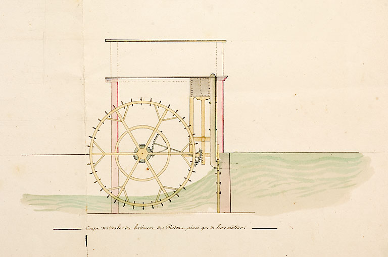 Plan de détail de l'usine de Varigney [coupe verticale du bâtiment des pistons, ainsi que de leurs moteurs]. © Région Bourgogne-Franche-Comté, Inventaire du patrimoine