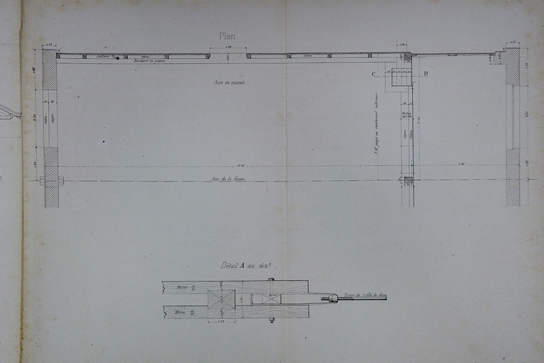 Halle à marchandises de 15 m de largeur. Type de la Cie de Paris Lyon - Méditerranée. D 1 [plan de la 1ère travée et détail], 1880. © Région Bourgogne-Franche-Comté, Inventaire du patrimoine