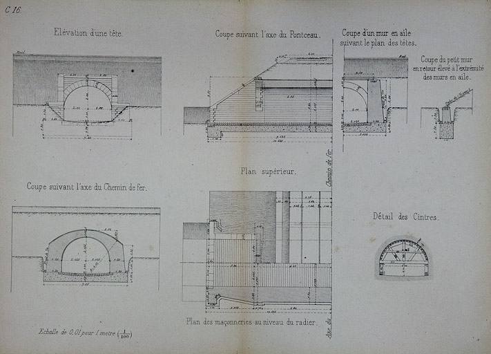 Pont sous rails de 4 m d'ouverture. Type de la Compagnie de Paris Lyon - Méditerranée. C 16 [plan, coupes et élévation], 1879. © Région Bourgogne-Franche-Comté, Inventaire du patrimoine