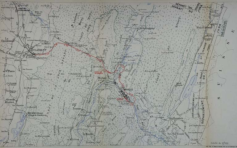 Ligne de Champagnole à Morez. Section de St Laurent à Morez. Carte générale indiquant les gares projetées, 1889. © Région Bourgogne-Franche-Comté, Inventaire du patrimoine Ligne de Champagnole à Morez. Section de St Laurent à Morez. Carte générale indiquant les gares projetées, 1889. © Région Bourgogne-Franche-Comté, Inventaire du patrimoine