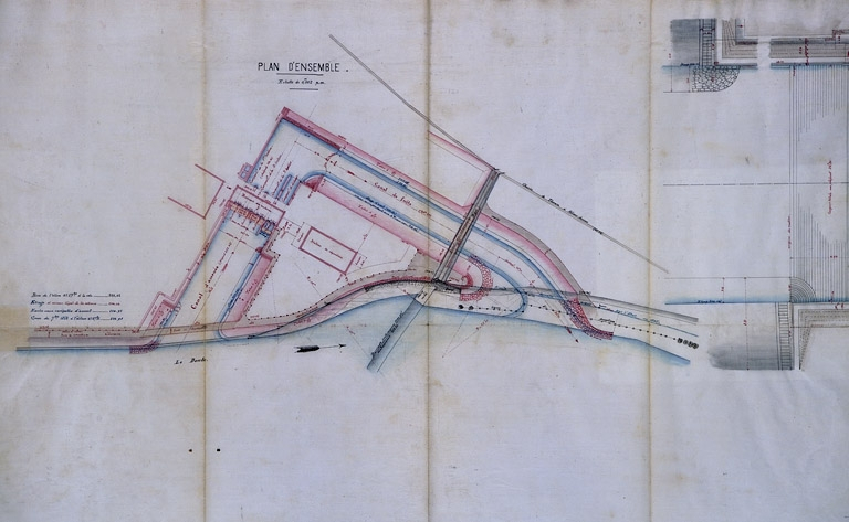 Usine de Torpes. Dessin d'ensemble et détails des ouvrages hydrauliques. [plan de masse] © Région Bourgogne-Franche-Comté, Inventaire du patrimoine