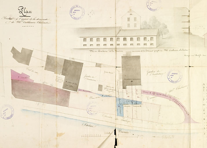 Plan produit à l'appui de la demande de Mrs Outhenin-Chalandre Fils et Cie [...] vue en élévation de la maison commune et du bâtiment projeté de Mr Chalandre. © Région Bourgogne-Franche-Comté, Inventaire du patrimoine