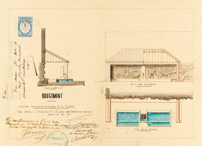 Rougemont. Couverture du lavoir de la fontaine de la Citadelle. Coupe transversale. Face et coupe longitudianle. Plan de la fontaine. © Région Bourgogne-Franche-Comté, Inventaire du patrimoine