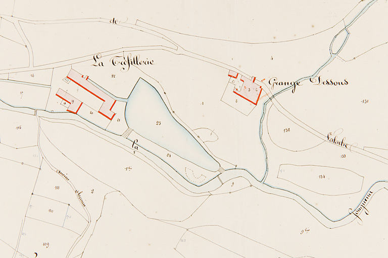 Section C de la Ferrière en trois feuilles, 2e feuille [plan cadastral : détail de la partie centrale en haut, Grange Dessous et "Tréfillerie"], 1839. © Région Bourgogne-Franche-Comté, Inventaire du patrimoine