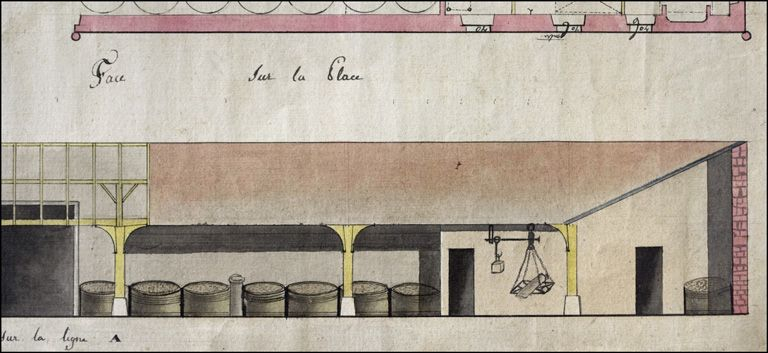 Plan des halles [détail : tonneaux et balance], vers 1830 ? © Région Bourgogne-Franche-Comté, Inventaire du patrimoine