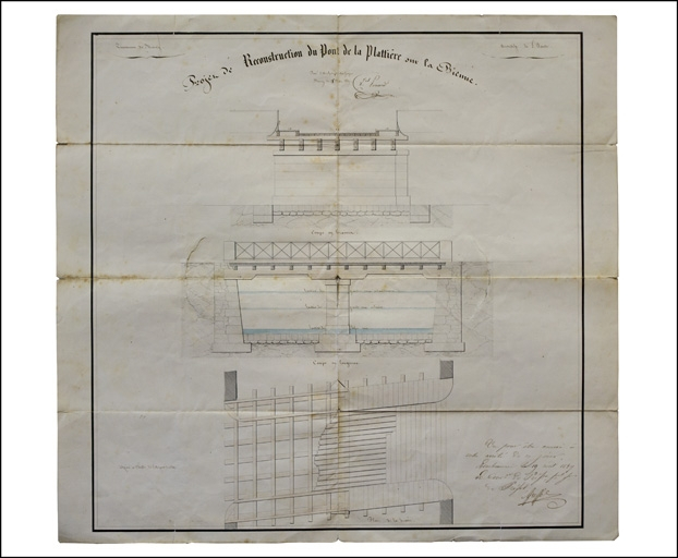 Projet de reconstruction du pont de la Platière sur la Bienne [pont en bois place Lissac], 1839. © Région Bourgogne-Franche-Comté, Inventaire du patrimoine