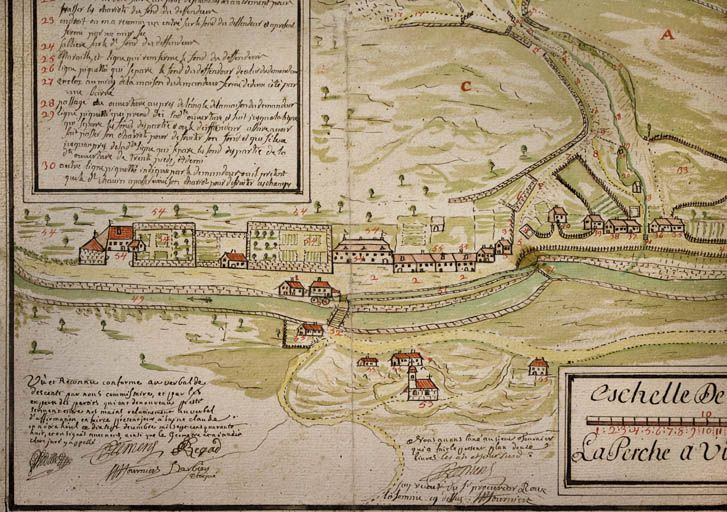 Plan géométrique d'un chemin contesté à Morez [détail : le quartier de la place du Marché (place Lissac, quai Lamy, rues Hugo et de la République)], 1748. © Région Bourgogne-Franche-Comté, Inventaire du patrimoine