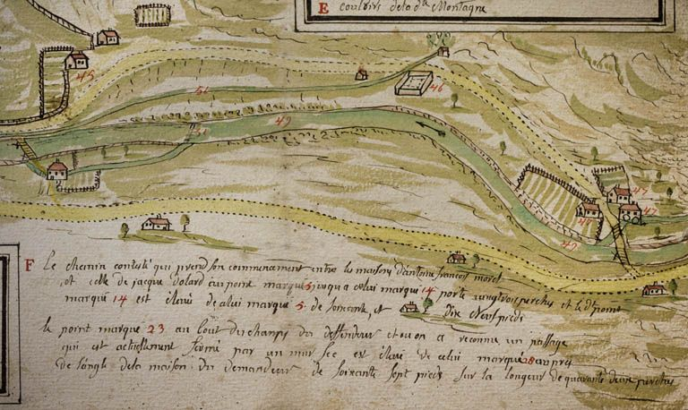 Plan géométrique d'un chemin contesté à Morez par le Sr Chavin et par le Sr Reverchon dud[it] lieu, fait par Jean Gaspard Fournier selon le procès-verbal de descente, le mois de septembre 1748 [détail de la partie droite]. © Région Bourgogne-Franche-Comté, Inventaire du patrimoine