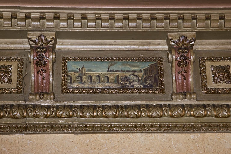 Salle à manger : paysage avec train et viaduc. © Région Bourgogne-Franche-Comté, Inventaire du patrimoine