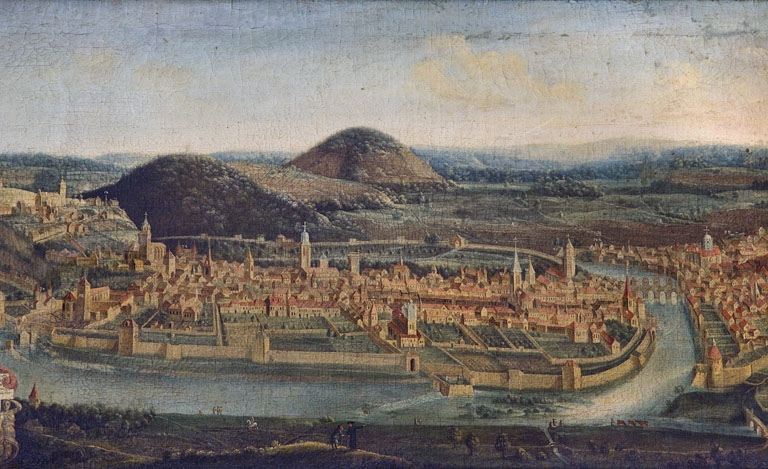 Tableau représentant la ville de Besançon en 1667 : vue d'ensemble sans le cadre. © Région Bourgogne-Franche-Comté, Inventaire du Patrimoine