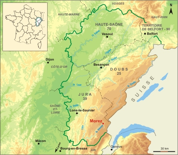 Carte de localisation de la ville de Morez. © Région Bourgogne-Franche-Comté, Inventaire du patrimoine Carte de localisation de la ville de Morez. © Région Bourgogne-Franche-Comté, Inventaire du patrimoine