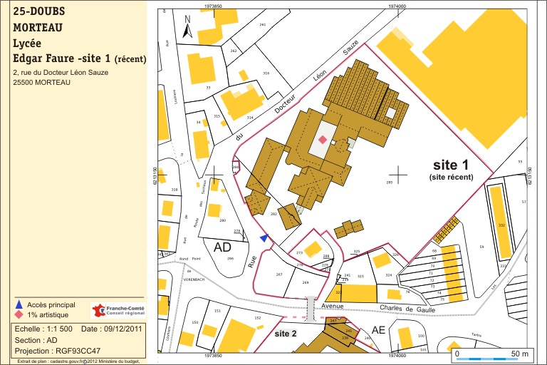 Plan de localisation. Extrait du plan cadastral numérisé, 2012, section AD, échelle 1:1000 réduite à 1:1500. Source : Direction générale des Finances Publiques - Cadastre ; mise à jour : 2011. © Région Bourgogne-Franche-Comté, Inventaire du patrimoine
