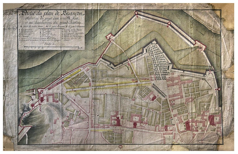 "Partie du plan de Besançon relative au projet d'une nouvelle rue...", actuelle rue Charles Nodier. © Région Bourgogne-Franche-Comté, Inventaire du Patrimoine