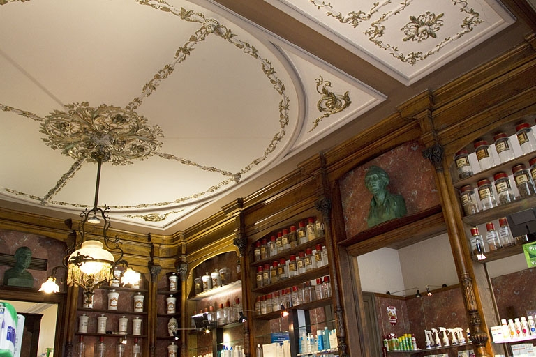 Logis principal, pharmacie : détail du plafond et des boiseries de la boutique, depuis le fond : de trois quarts gauche. © Région Bourgogne-Franche-Comté, Inventaire du Patrimoine