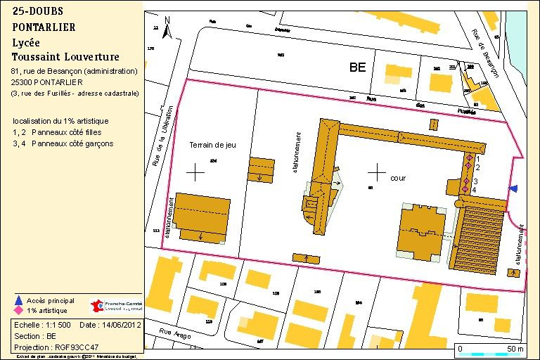 Plan de localisation. Extrait du plan cadastral numérisé, 2012, section BE, échelle 1:1000 réduite à 1:1500. Source : Direction générale des Finances Publiques - Cadastre ; mise à jour : 2011. © Région Bourgogne-Franche-Comté, Inventaire du patrimoine
