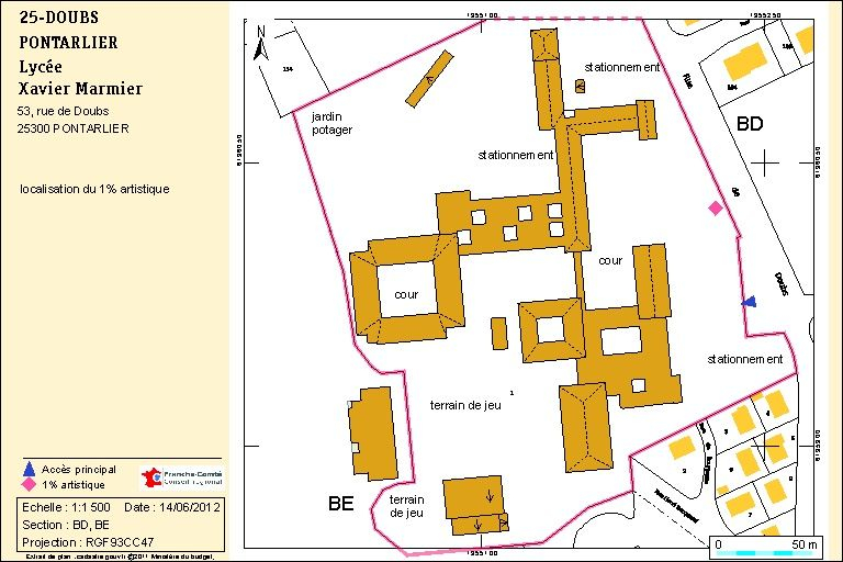 Plan de localisation. Extrait du plan cadastral numérisé, 2012, section BD, échelle 1:1000 réduite à 1:1500. Source : Direction générale des Finances Publiques - Cadastre ; mise à jour : 2011. © Région Bourgogne-Franche-Comté, Inventaire du patrimoine