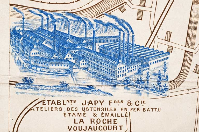 Plan monumental des grandes usines [...]. Ateliers des ustensiles en fer battu, étamé et émaillé [détail]. © Région Bourgogne-Franche-Comté, Inventaire du patrimoine