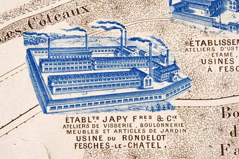 Plan monumental des grandes usines [...]. Ateliers de visserie, boulonnerie, meubles et articles de jardin Japy Frères et Cie [détail]. © Région Bourgogne-Franche-Comté, Inventaire du patrimoine